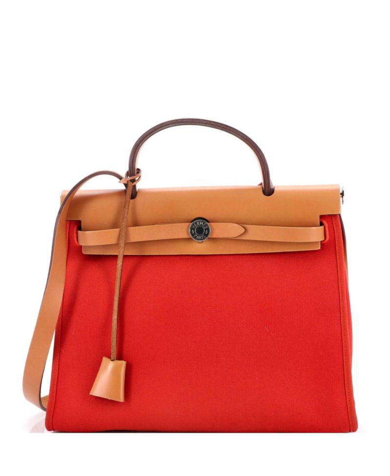 Pre-Owned Herm&eacute;s Herbag Zip Medium Leather and Canvas Crossbody Shoulder Bag