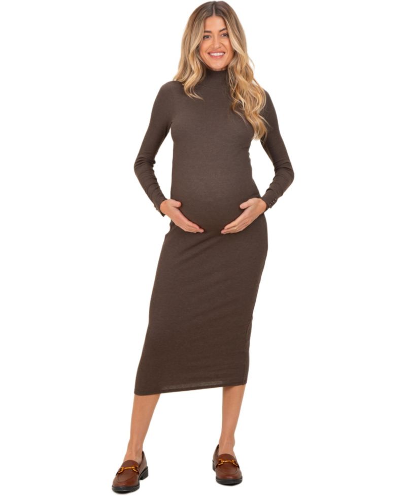 Women's Brown Turtle Neck Long Sleeve Rib Fitted Midi Dress