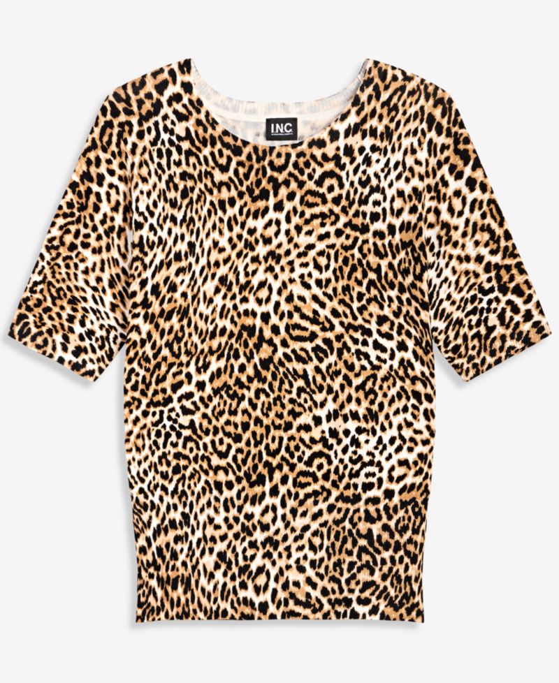 I.N.C. Women's Leopard-Print Fitted Short-Sleeve Crewneck Sweater