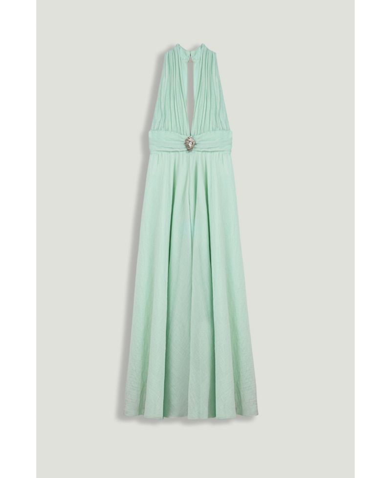 Women's Pleated Halterneck Maxi Dress with Brooch Detail