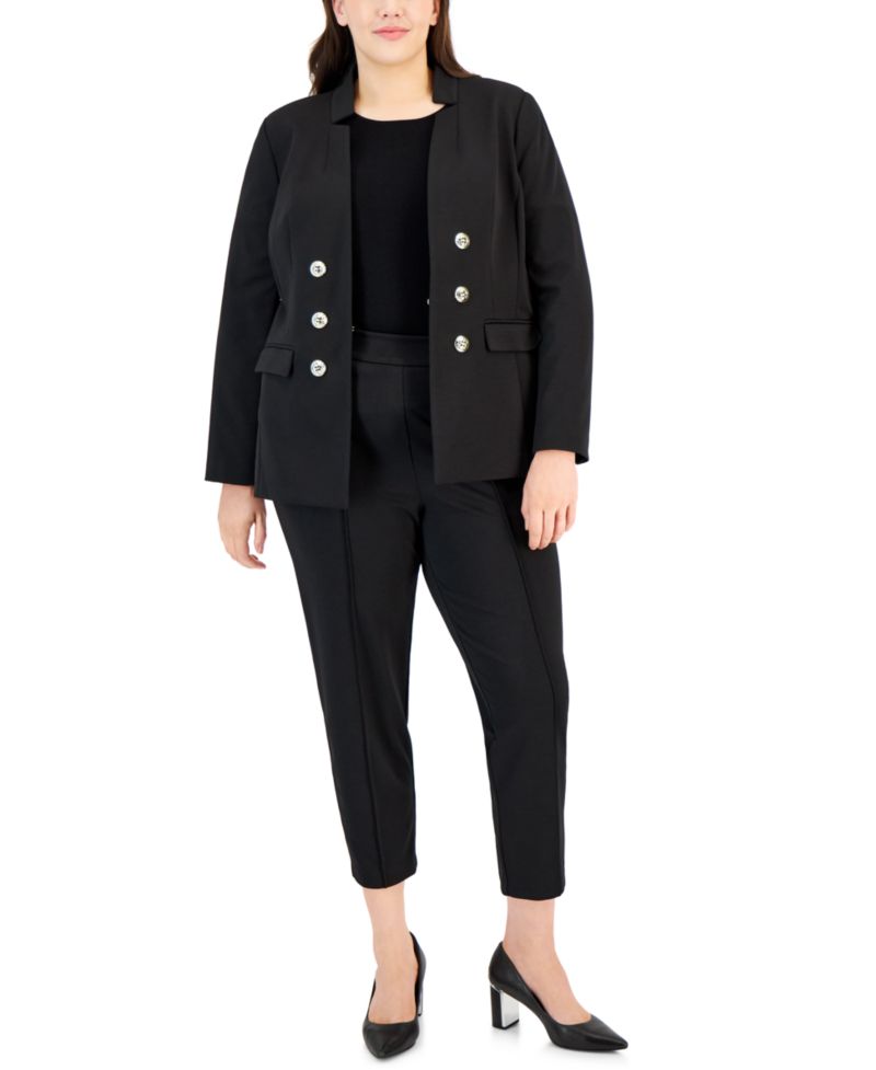 Plus Size Ponte Faux Double-Breasted Blazer & Front-Seamed Pants Suit Separates