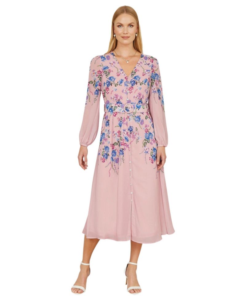 Women's Belted Floral Midi Dress