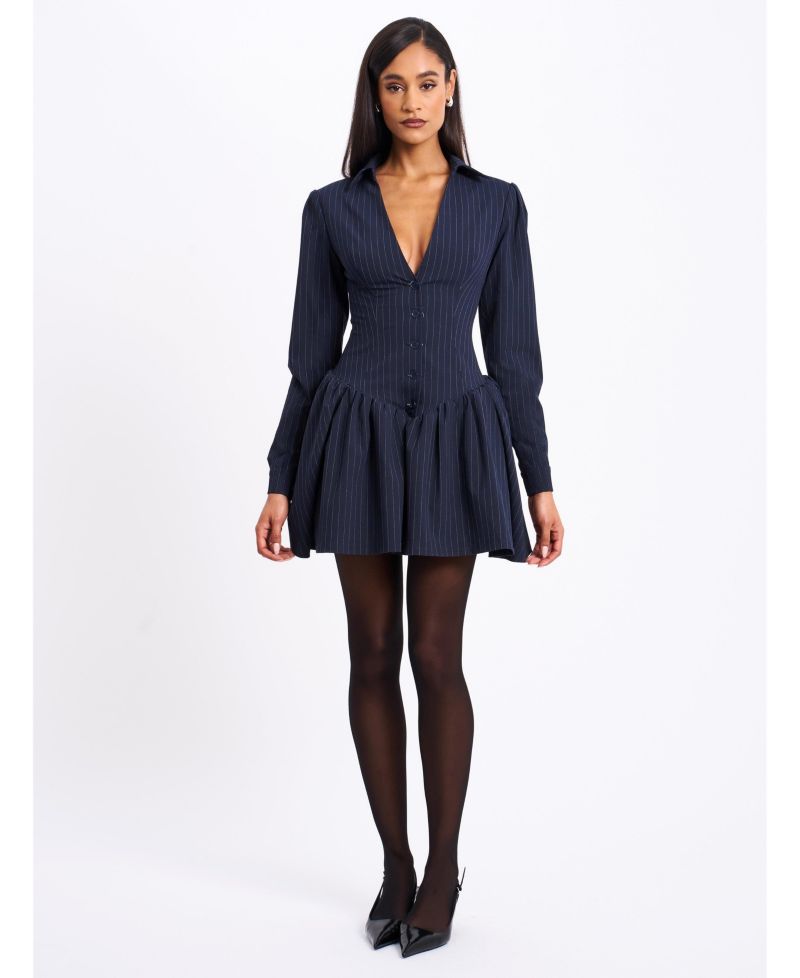 Women's Xabrina Navyblue Pinstripe Long Sleeve Shirt Mini Dress