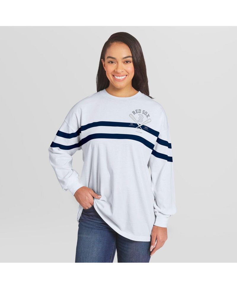 Women's White Boston Red Sox Oversized Long Sleeve Striped T-Shirt