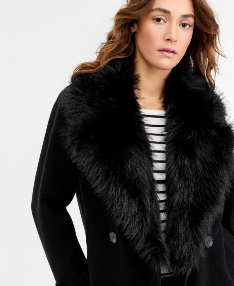 Marilyn & Me Juniors' Faux-Fur-Collar Double-Breasted Jacket