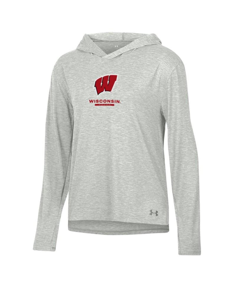 Women's Heather Gray Wisconsin Badgers Tri-Blend Breezy Long Sleeve Hoodie T-Shirt