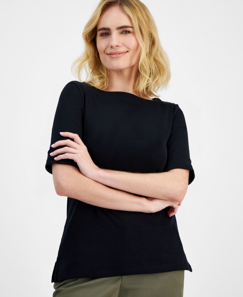 Petite Cotton Elbow-Sleeve Boat-Neck Top