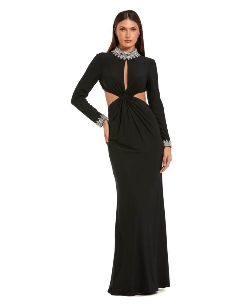 Women's Embellished Jersey Long Sleeve Cut Out Evening Gown