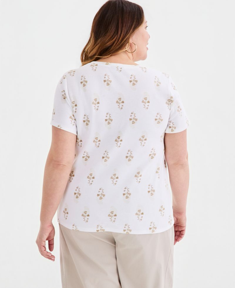Petite Floral-Print Short-Sleeve Henley Knit Top