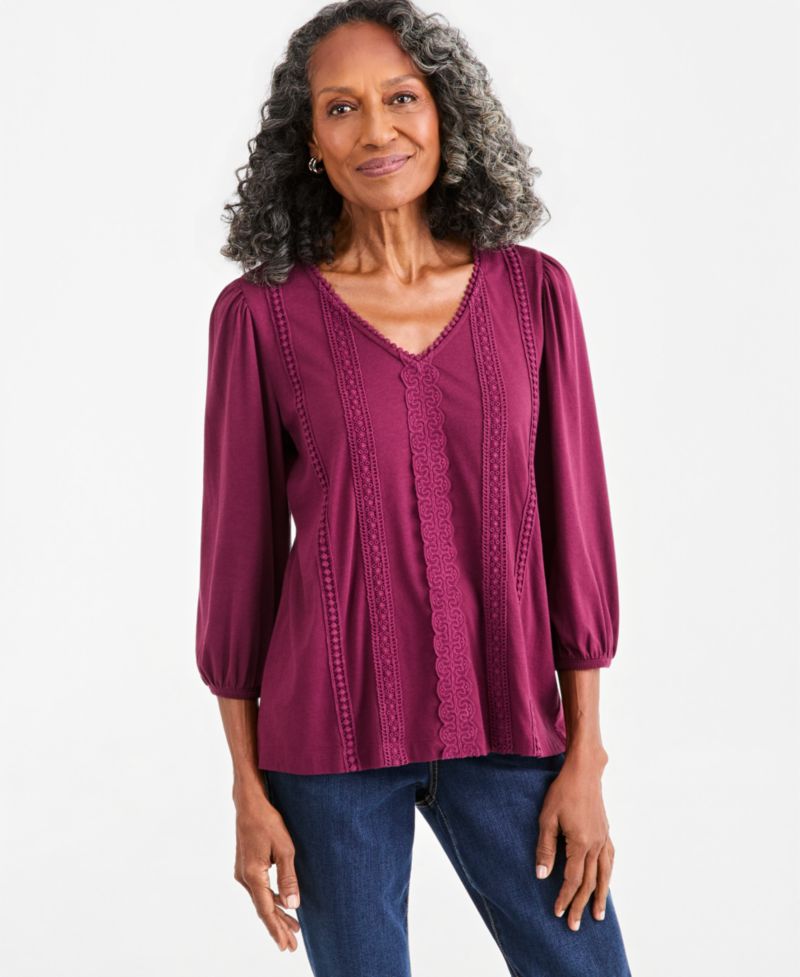 Women's 3/4-Sleeve V-Neck Embroidery Trim Top