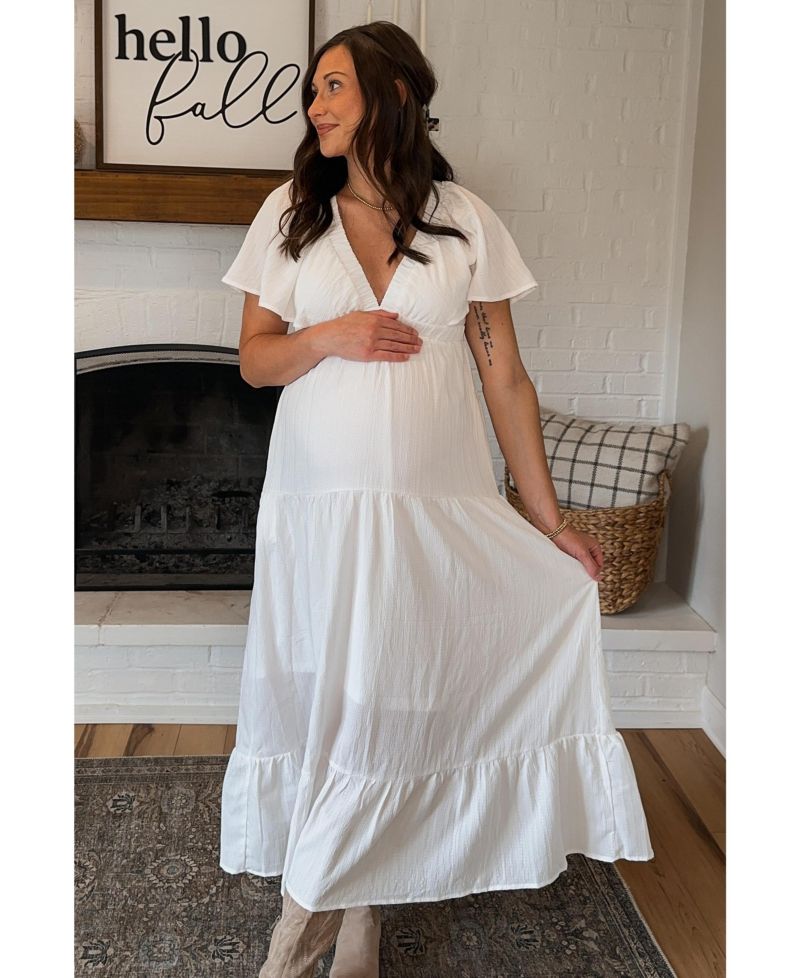 Women's Ivory Deep V-Neck Flutter Sleeve Tiered Midi Dress