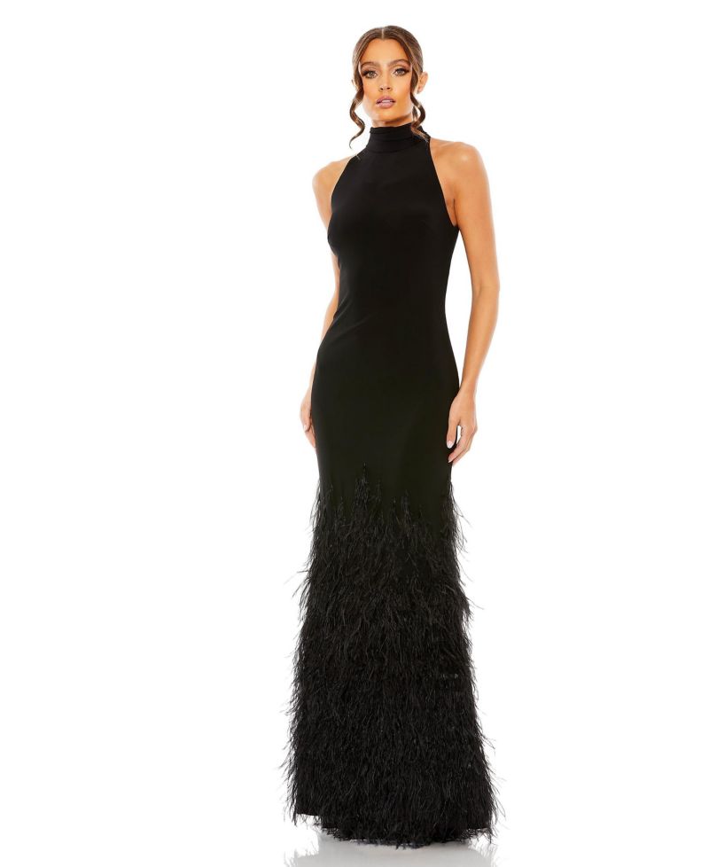 Women's Jersey Halter Gown with Feather Tiered Detail