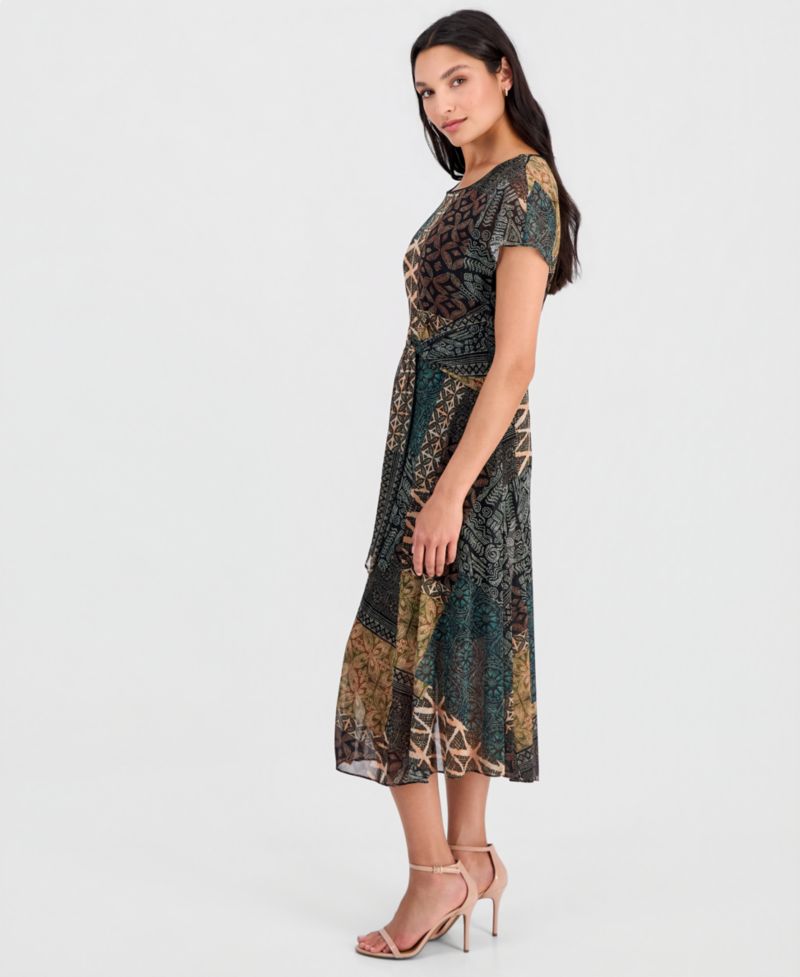 Women's Printed Tie-Front Midi Dress