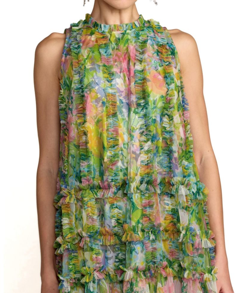Women's Sleeveless High Neck Printed Mesh Mini Dress