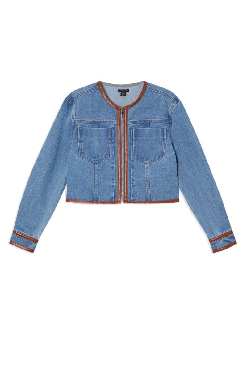 Women's Denim and Leather Collarless Jacket
