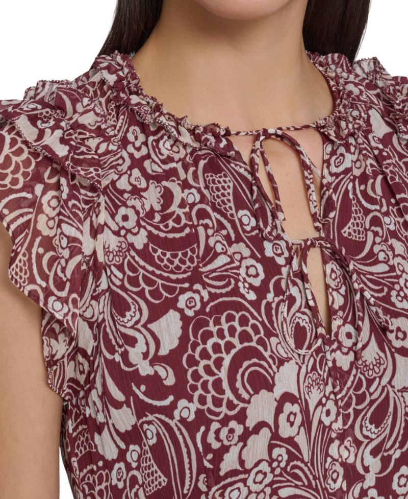Women's Flutter-Sleeve Tie Neck Chiffon Midi Dress