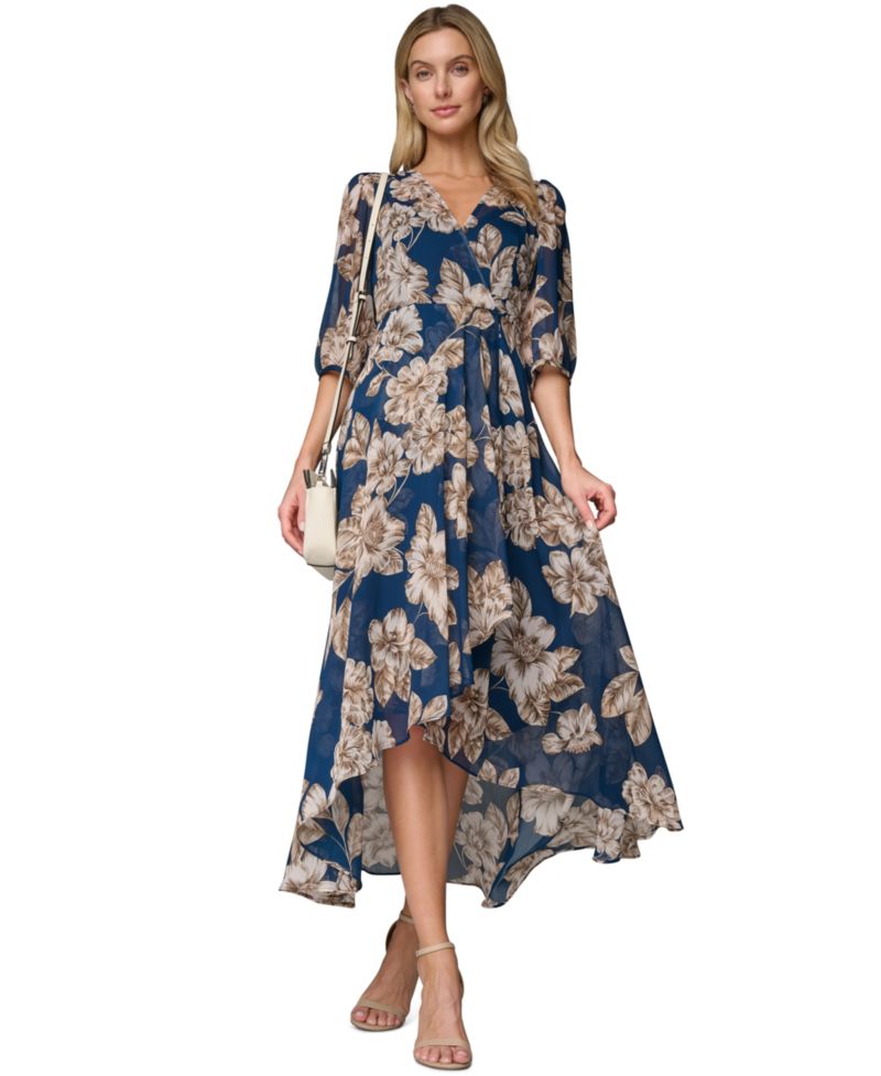 Women's Floral Chiffon V-Neck Midi Dress