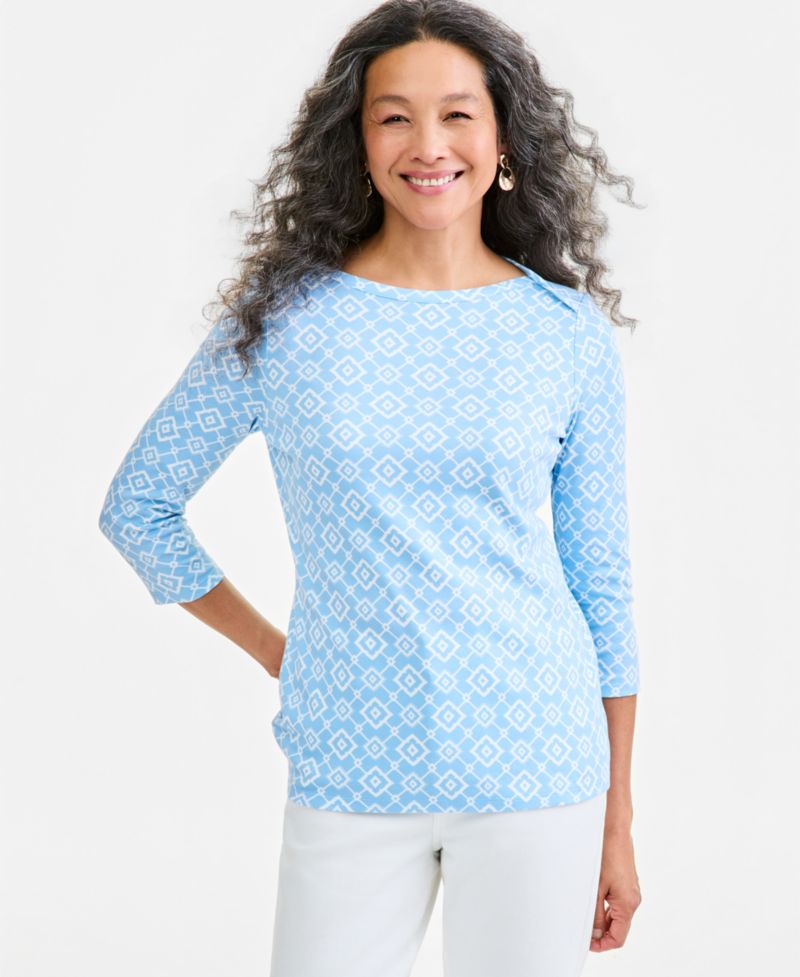 Petite Printed Pima Cotton 3/4-Sleeve Boat Neck Top