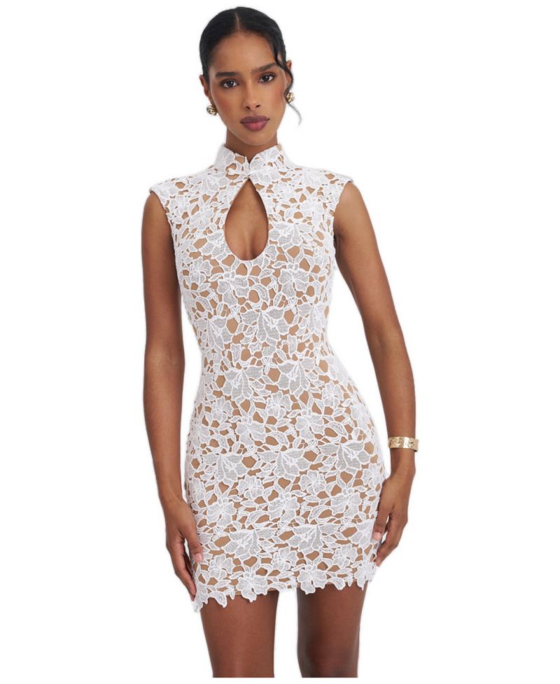 Women's Quinley Floral-Print Lace Teardrop Neckline Mini Dress