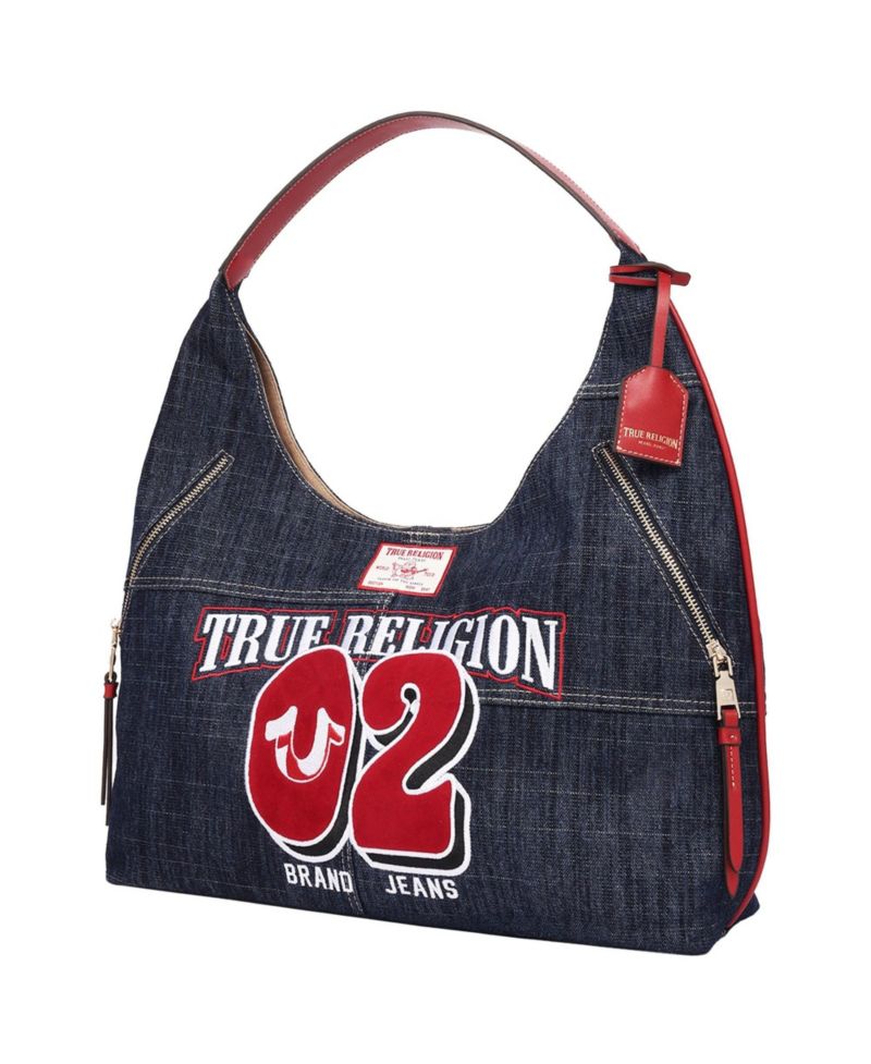 Varsity Logo Zip Pocket Denim Hobo Bag – Dark Denim Shoulder Purse