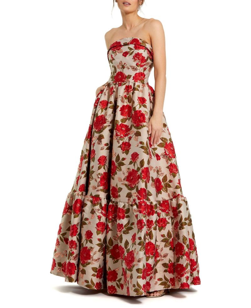 Women's Brocade Strapless Floral Gown With Ruffle Hem