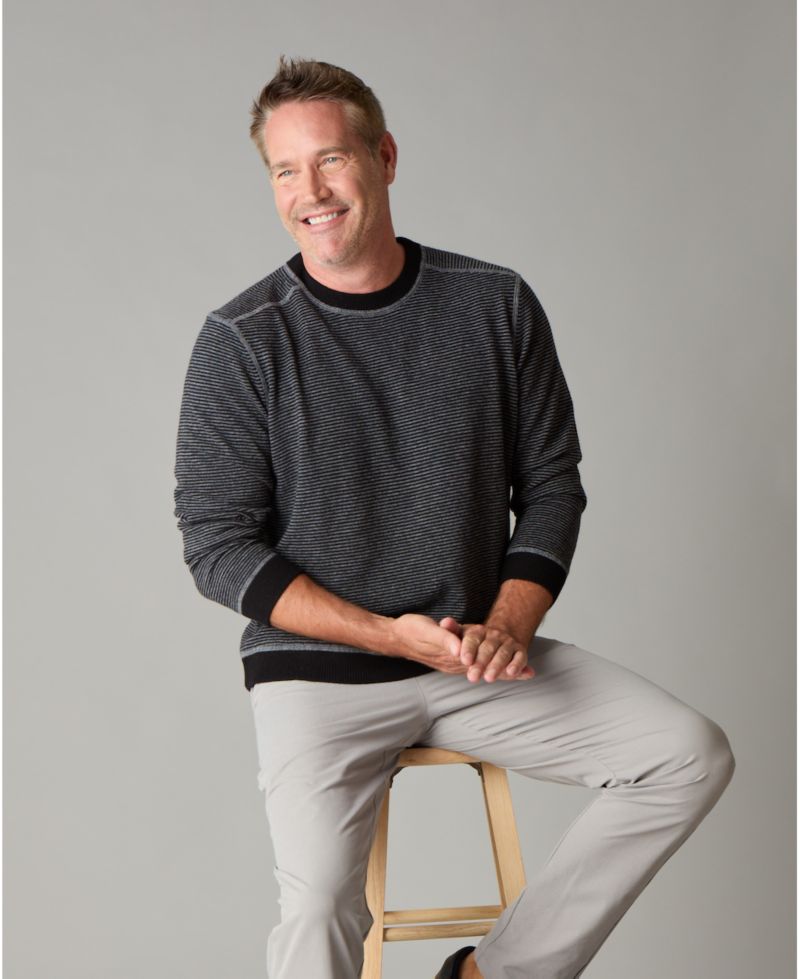 Men's Itch-Free Merino Wool Striped Crewneck Sweater with Lining