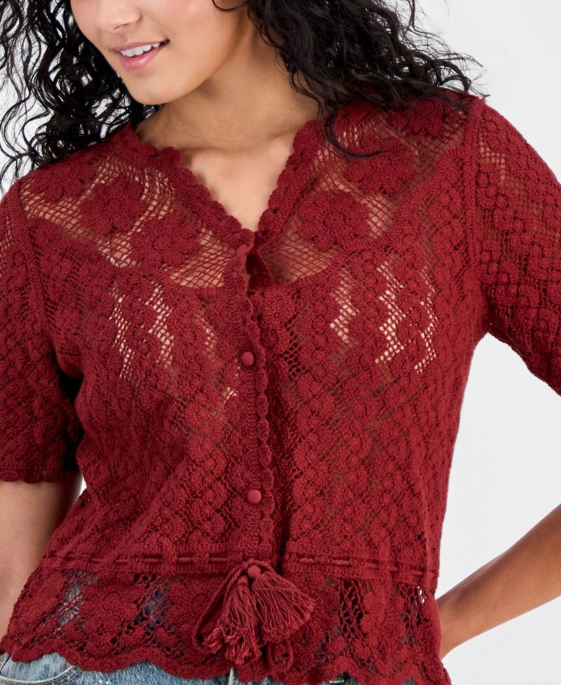 Women's Cotton Crochet Button-Front Peplum Top