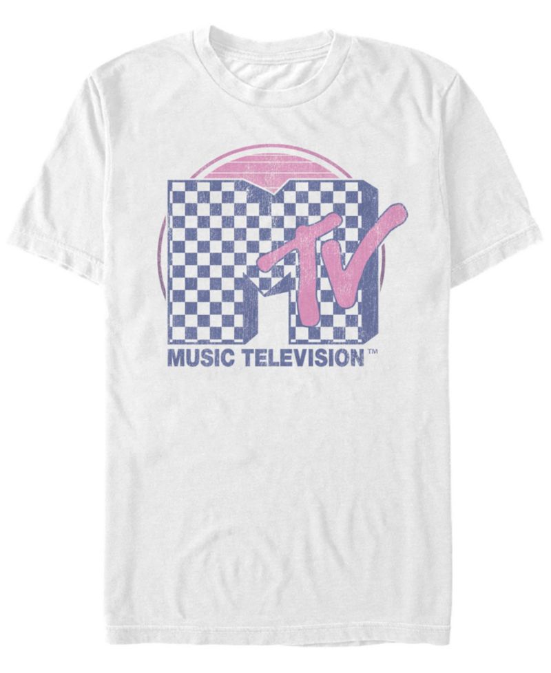Men's Checkered Pattern Sunset Color Fill Logo Short Sleeve T- shirt