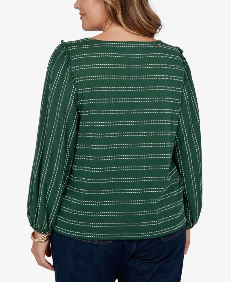 Plus Size Dobby Stripe Long-Sleeve Boat Neck Blouse