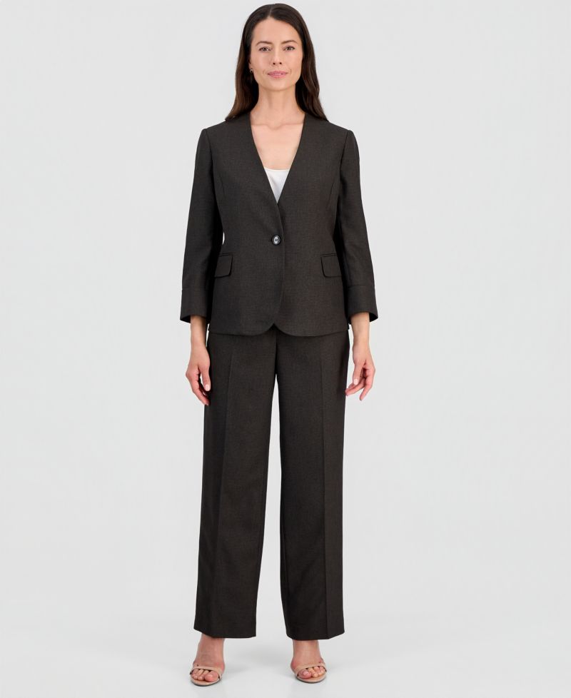 Women's Collarless One-Button Jacket & Fly-Front Wide-Leg Pants Suit