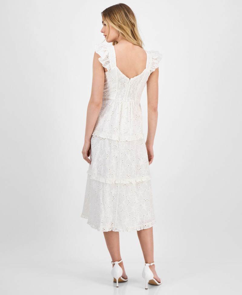 Women's Eyelet Square-Neck Tiered Midi Dress