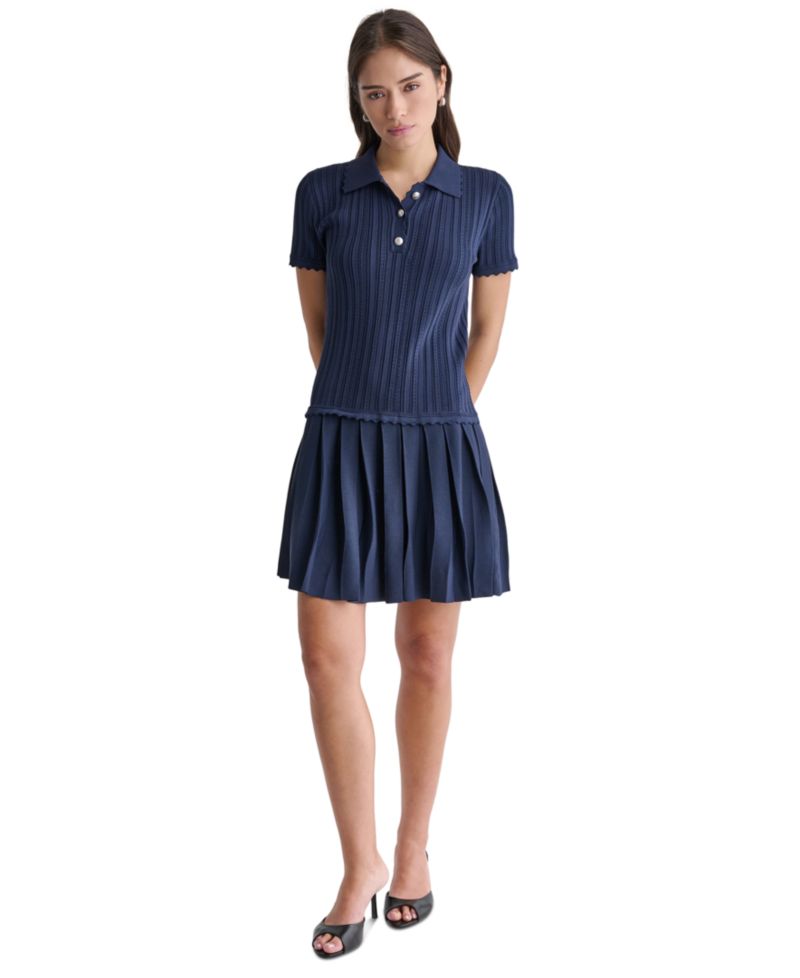 Women's Short-Sleeve Pleated Drop-Waist Sweater Dress