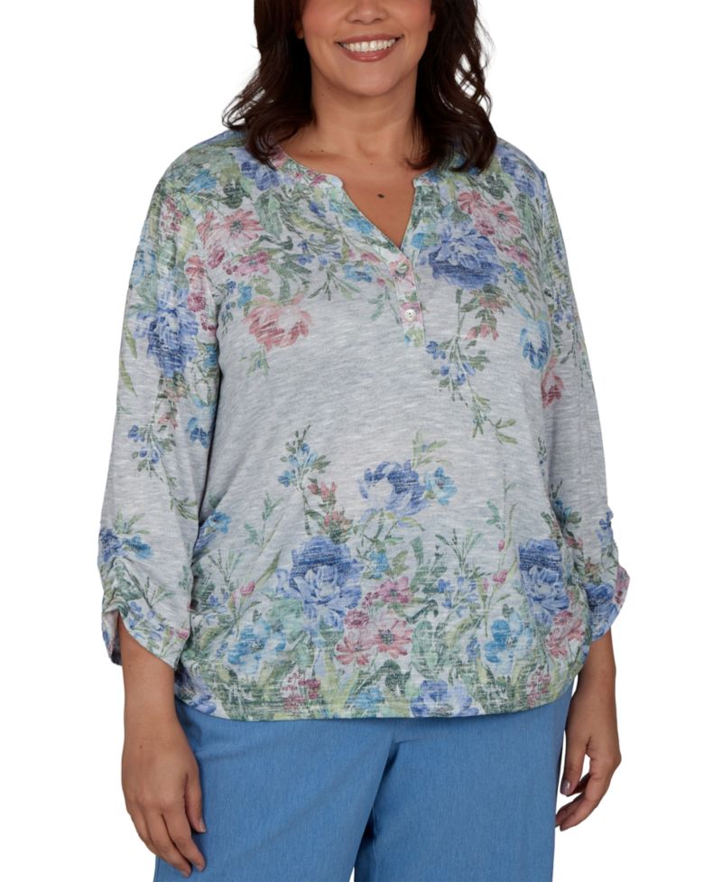 Plus Size Provence Floral Borders 3/4-Sleeve Button-Up Henley Top