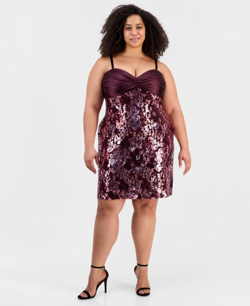 Trendy Plus Size Twist-Front Satin Bandeau Sequin Skirt Dress