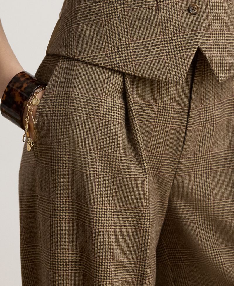 Petite High-Rise Wide-Leg Plaid Wool Pants, 29" Inseam