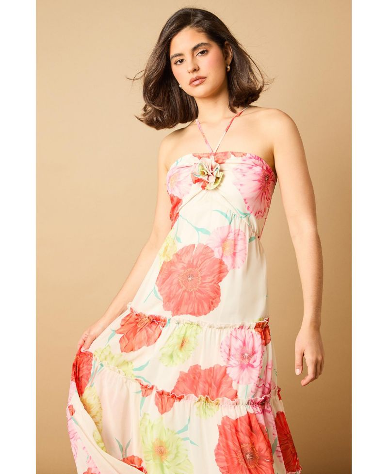 Women's Rosette Detail Halterneck Midi Dress