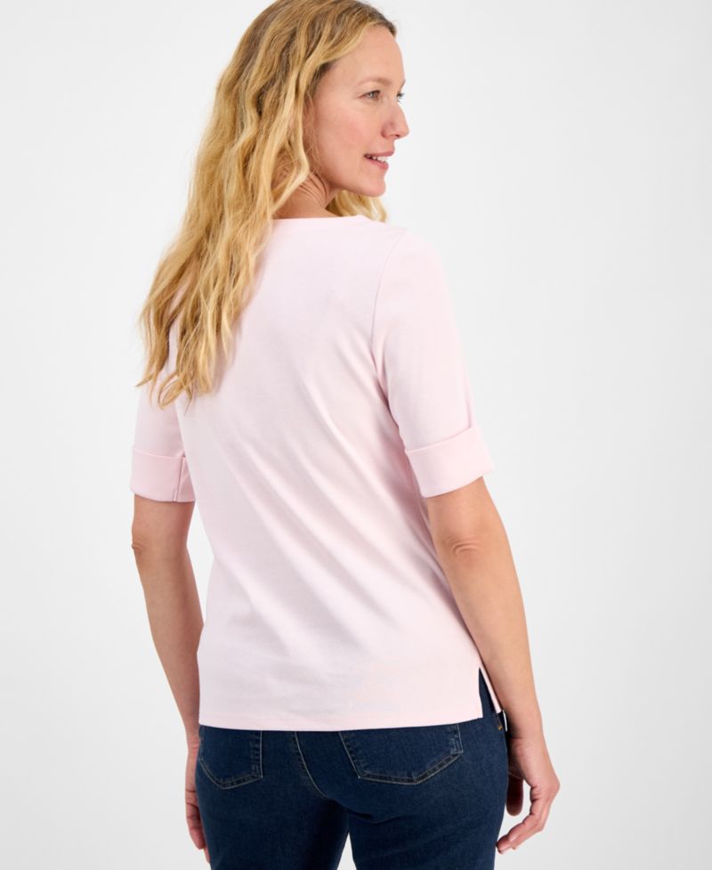 Petite Cotton Elbow-Sleeve Boat-Neck Top