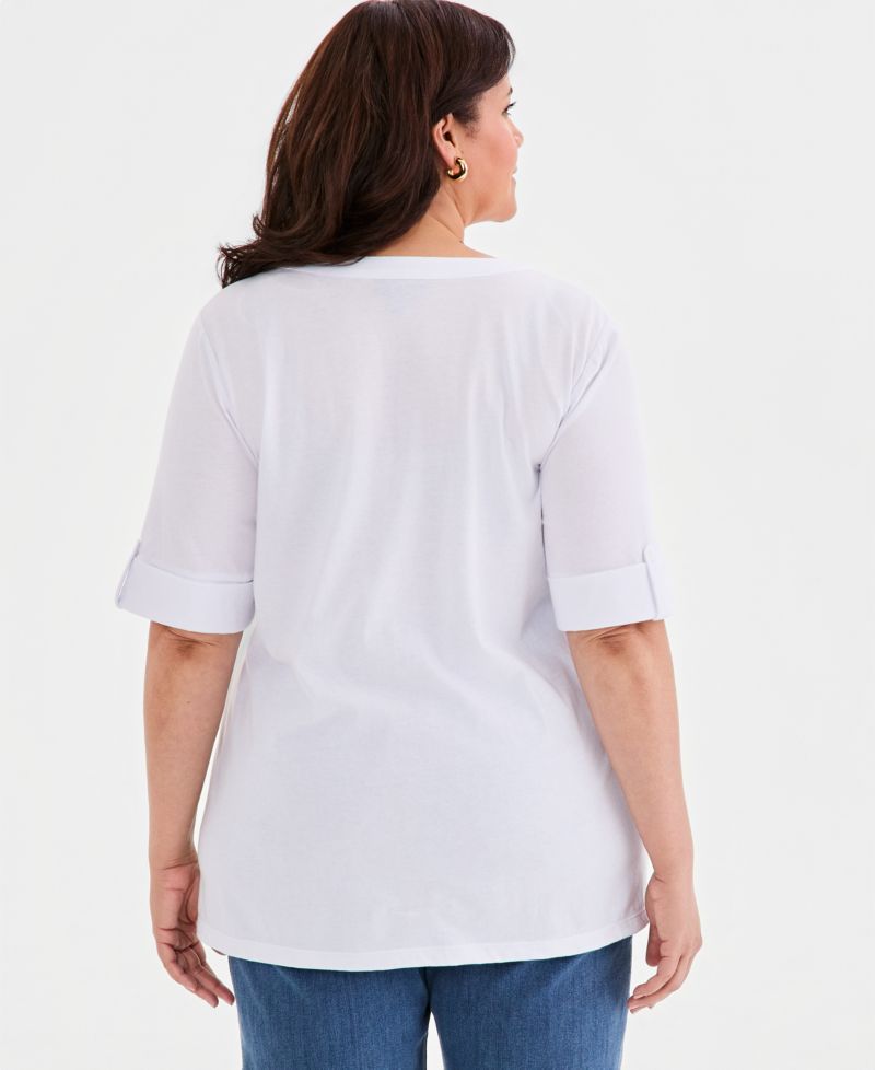 Plus Size Roll-Tab Split-Neck Elbow-Sleeve Tunic