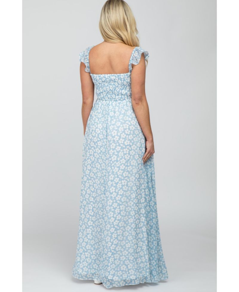 Women's Light Blue Floral Chiffon Sweetheart Neck Off Shoulder Maxi Dress