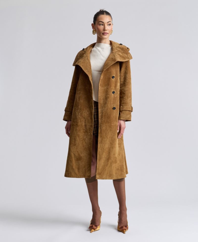 Women's Funnel-Neck Suede Oversized Trench Coat