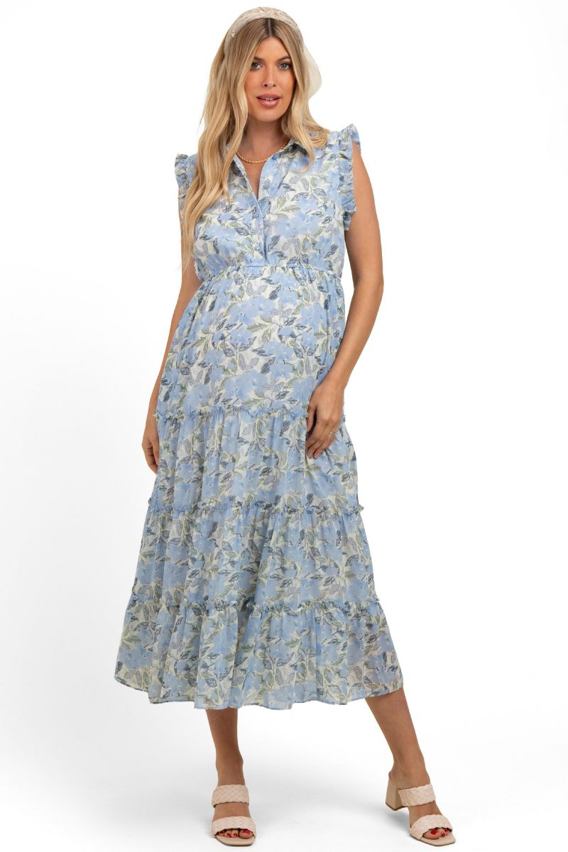 Women's Blue Floral Print Frilled Pocketed Midi Dress