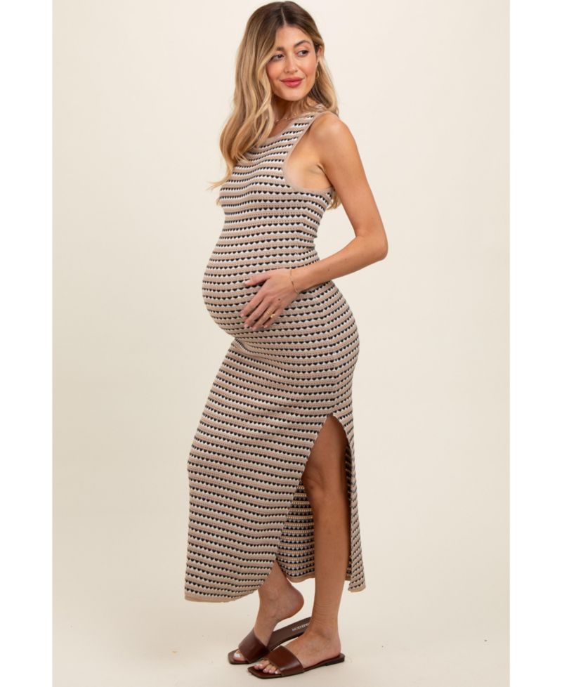 Women's Beige Striped Knit Fitted Sleeveless Maxi Dress