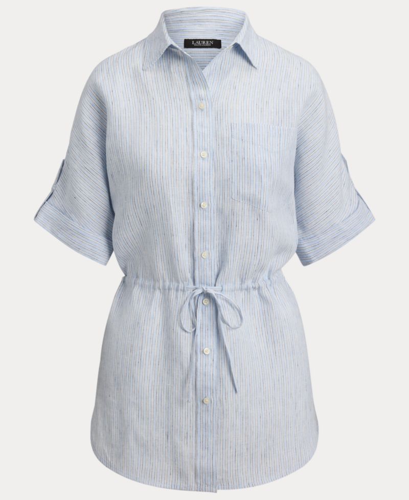 Women's Point Collar Striped Roll-Tab-Sleeve Tunic Shirt
