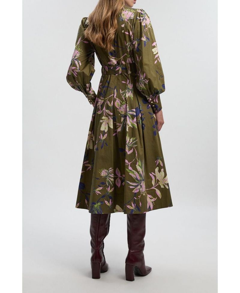 Women's Floral Cotton Sateen Midi Shirt Dress