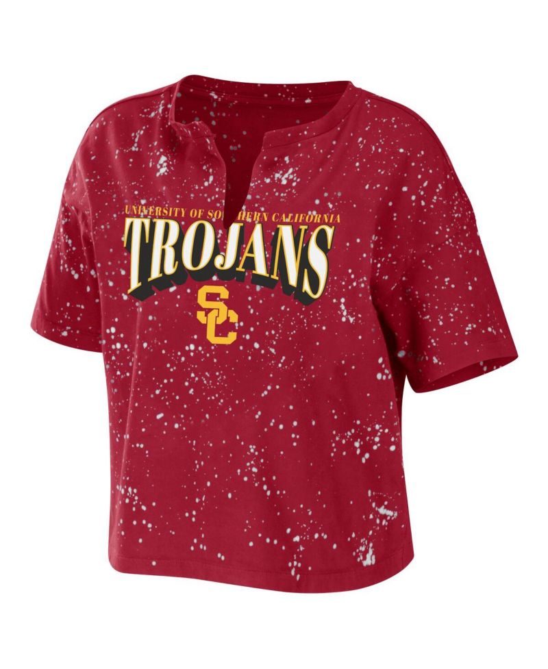 Women's Cardinal USC Trojans Bleach Wash Splatter Cropped Notch Neck T-Shirt