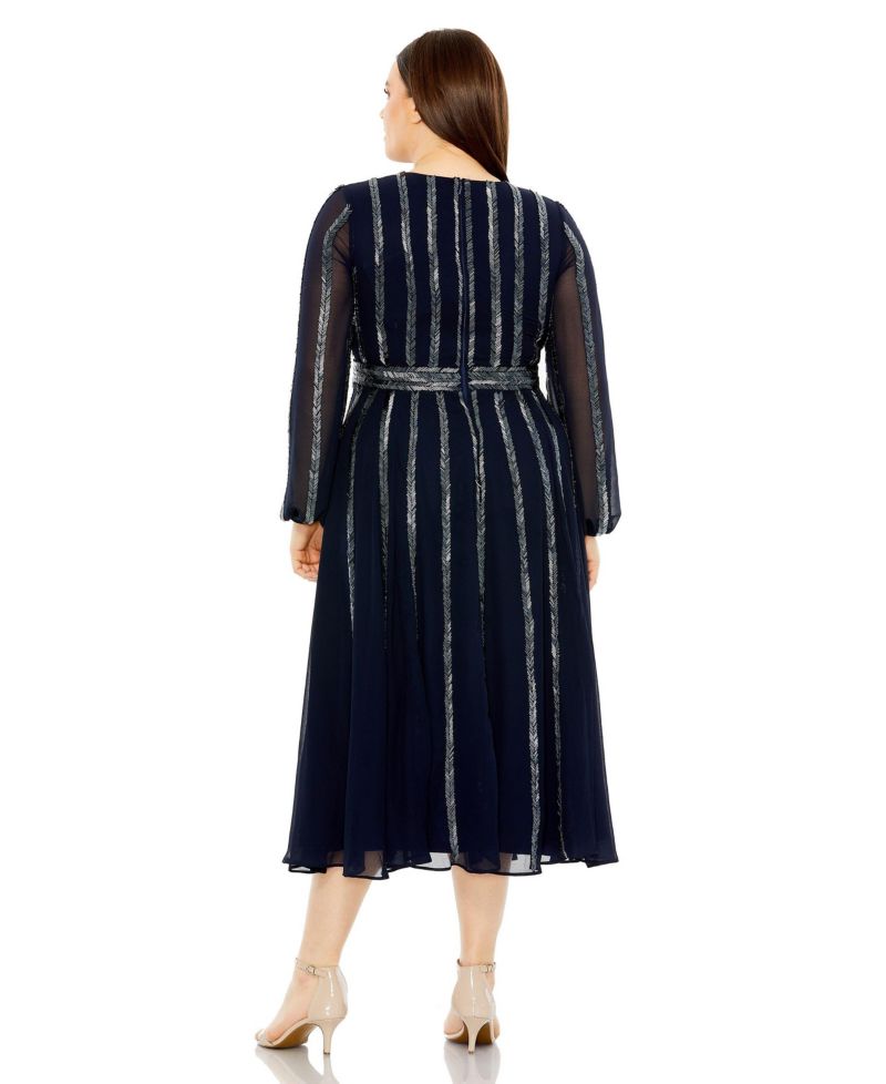 Plus Size Long Sheer Sleeve Beaded Dress