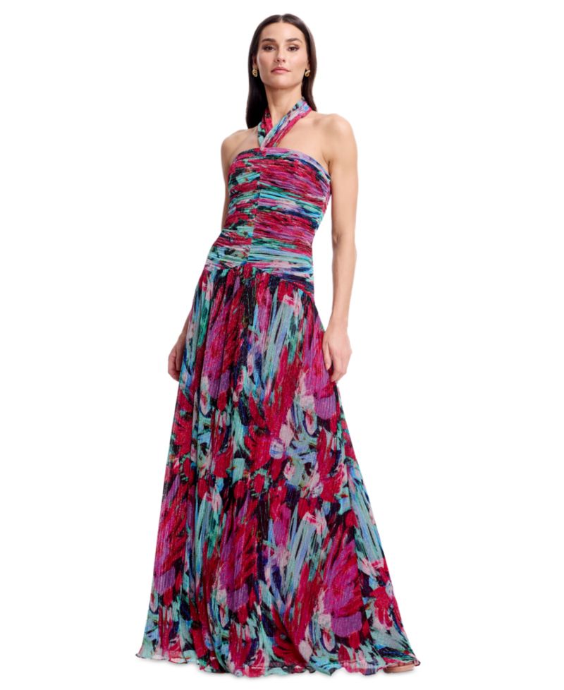 Women's Printed Halter Neck Ruched Drop Waist Gown
