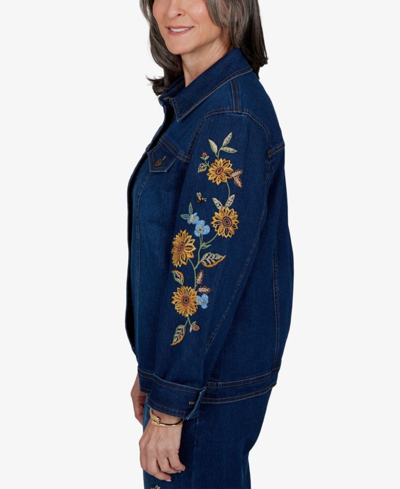 Petite Denim Floral-Embroidered Jacket