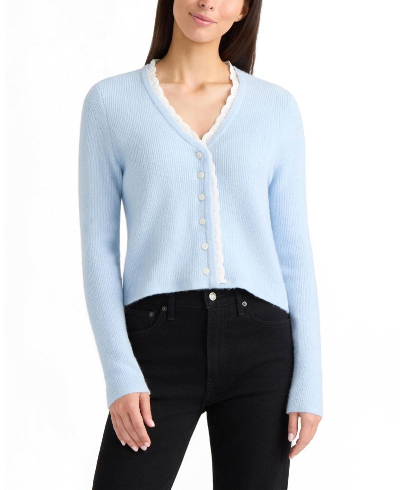 Women's Lace Trim V-Neckline Ribbed-Knit Cardigan