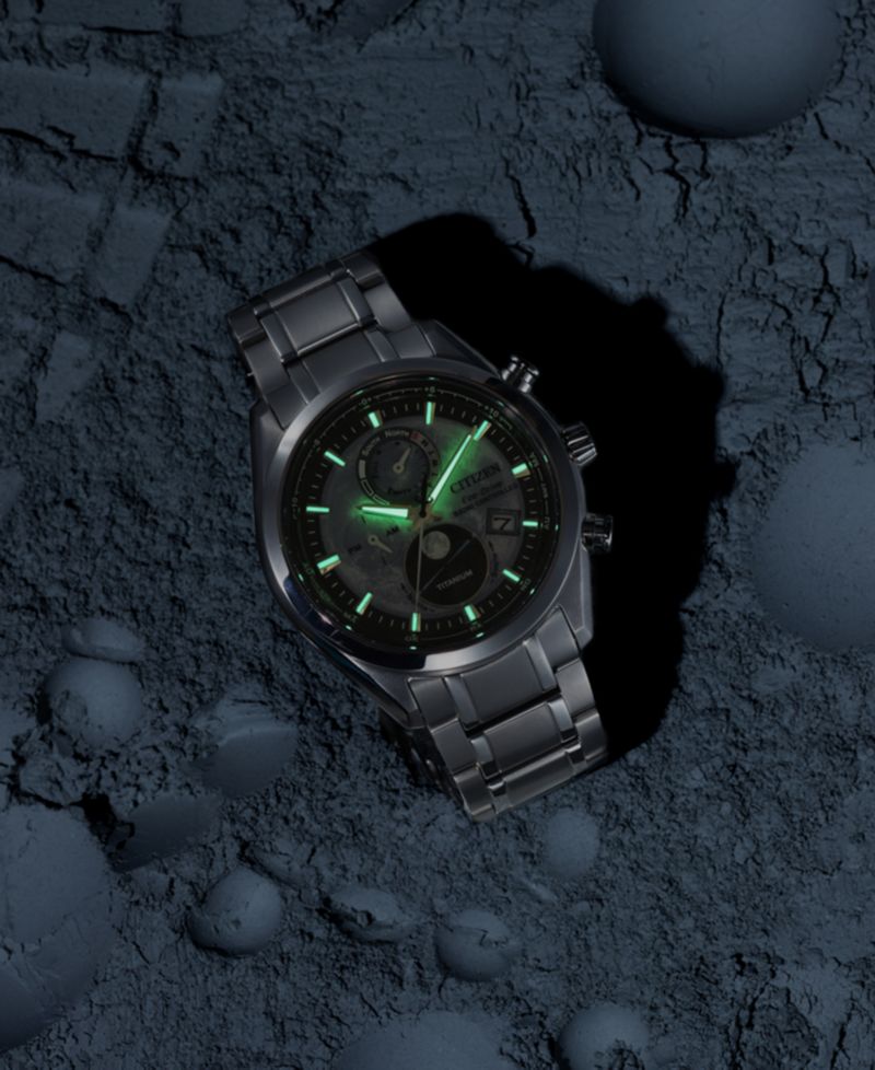 Men's Tsuki-yomi A-T Chronograph Sport Luxury Eco-Drive Silver-Tone Titanium Bracelet Watch 43mm
